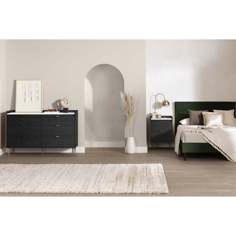 Black Oak and Faux Carrara Marble 2-Drawer Nightstand with Brass Legs