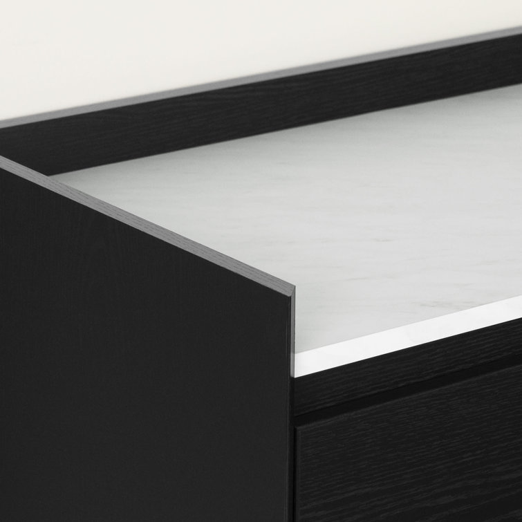 Black Oak and Faux Carrara Marble 2-Drawer Nightstand with Brass Legs