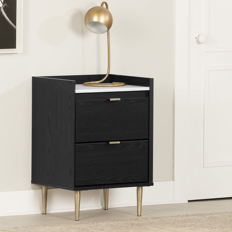 Black Oak and Faux Carrara Marble 2-Drawer Nightstand with Brass Legs