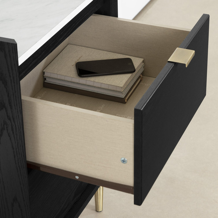 Black Oak and Faux Carrara Marble 2-Drawer Nightstand with Brass Legs