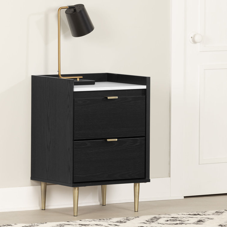 Black Oak and Faux Carrara Marble End Table with Storage