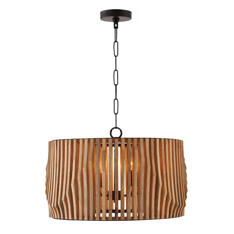 24" Light Wood and Matte Black Drum Pendant Light
