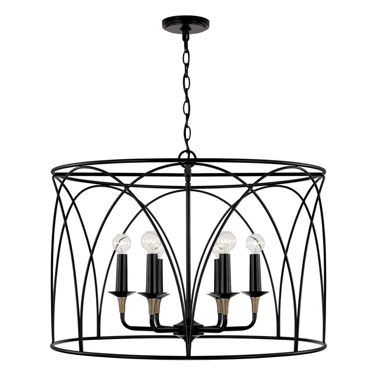 Matte Black and Brass 6-Light Drum Pendant Chandelier