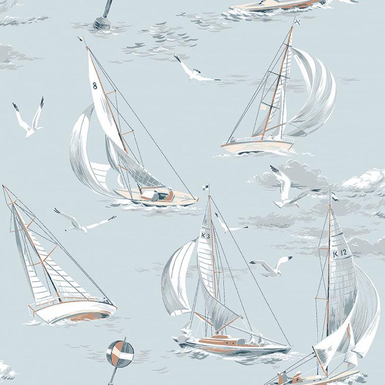 Nautical Blue and White Sailboats Non-Woven Wallpaper