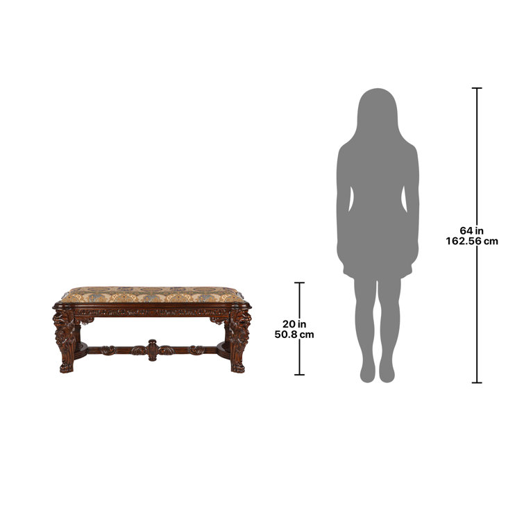 Grande Hall Cherry Mahogany Upholstered Bench with Lion Carvings