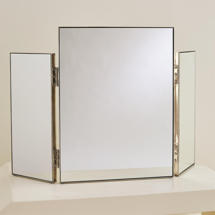 Nickel Tri-Fold Vanity Mirror with Brass Trim