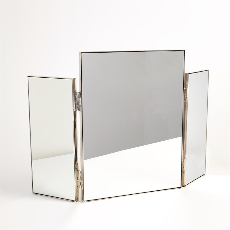Nickel Tri-Fold Vanity Mirror with Brass Trim