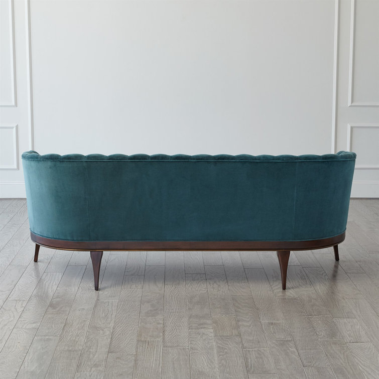 Dragonfly Blue Velvet Channel Back Sofa with Walnut Base