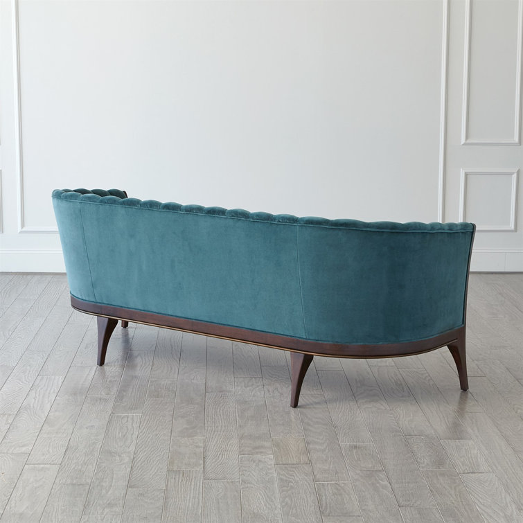 Dragonfly Blue Velvet Channel Back Sofa with Walnut Base