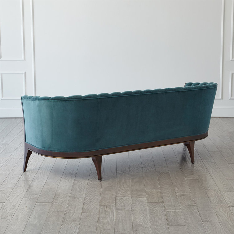 Dragonfly Blue Velvet Channel Back Sofa with Walnut Base