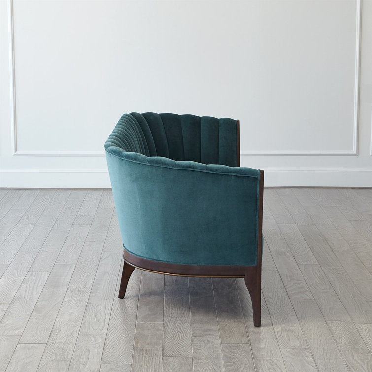 Dragonfly Blue Velvet Channel Back Sofa with Walnut Base