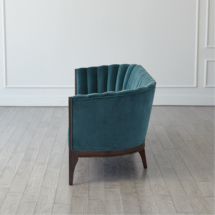 Dragonfly Blue Velvet Channel Back Sofa with Walnut Base