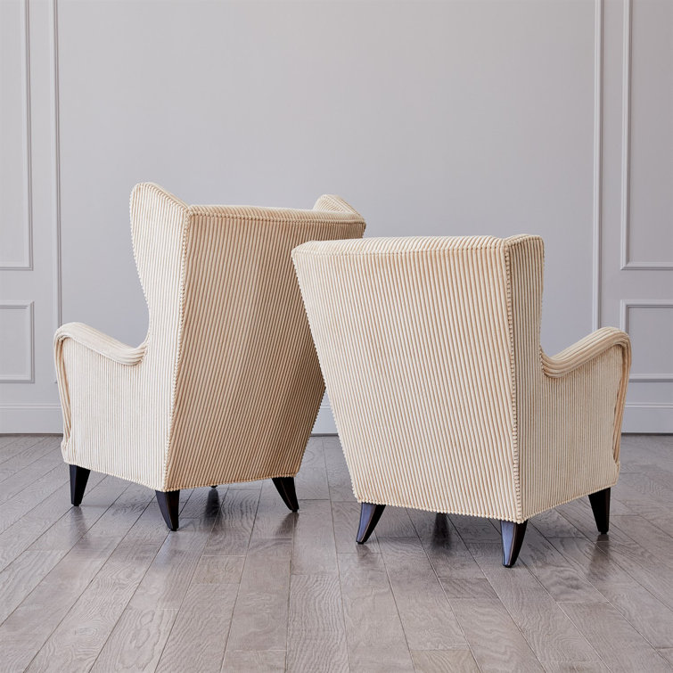 Ivory Corduroy Wingback Lounge Chair with Oiled Walnut Legs