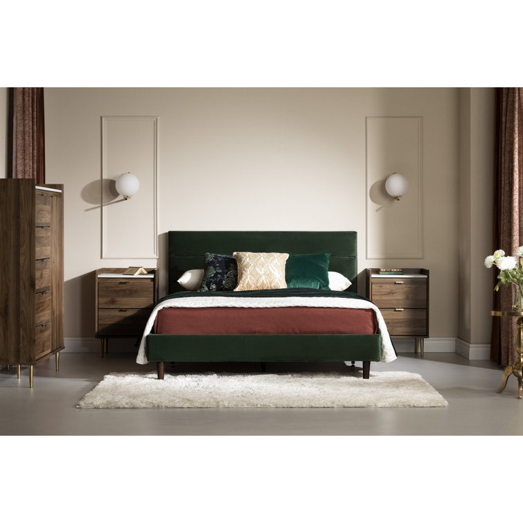 Green Velvet Upholstered Queen Platform Bed with Headboard
