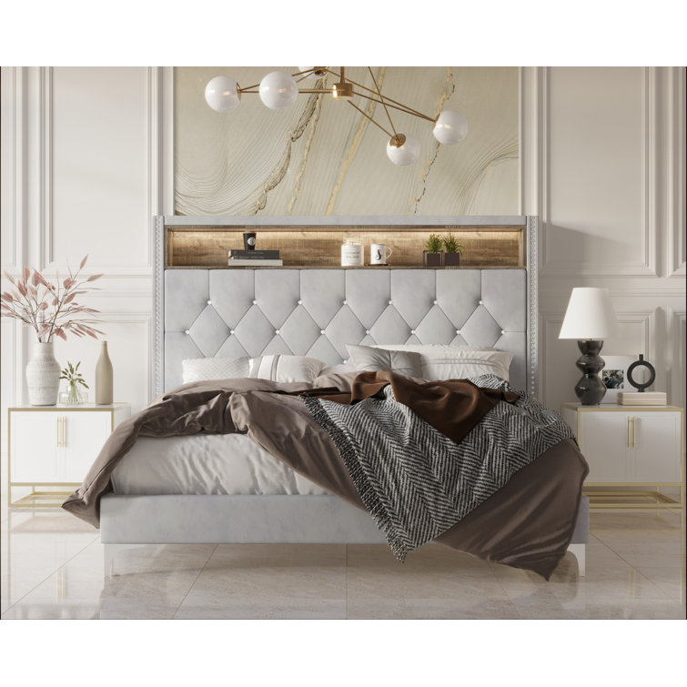 Silver Gray Velvet Full Upholstered Bookcase Bed with Nailhead Trim