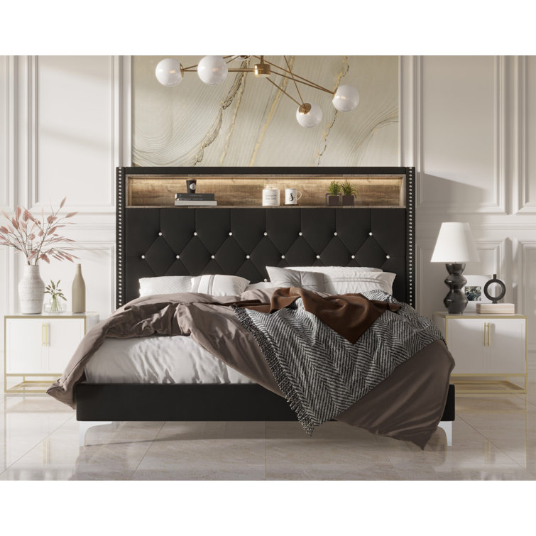 Twin Black Velvet Upholstered Bookcase Bed with Tufted Headboard
