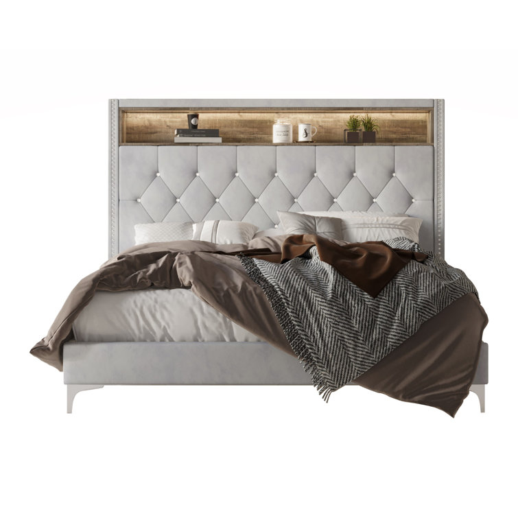 Silver Gray Velvet Full Upholstered Bookcase Bed with Nailhead Trim