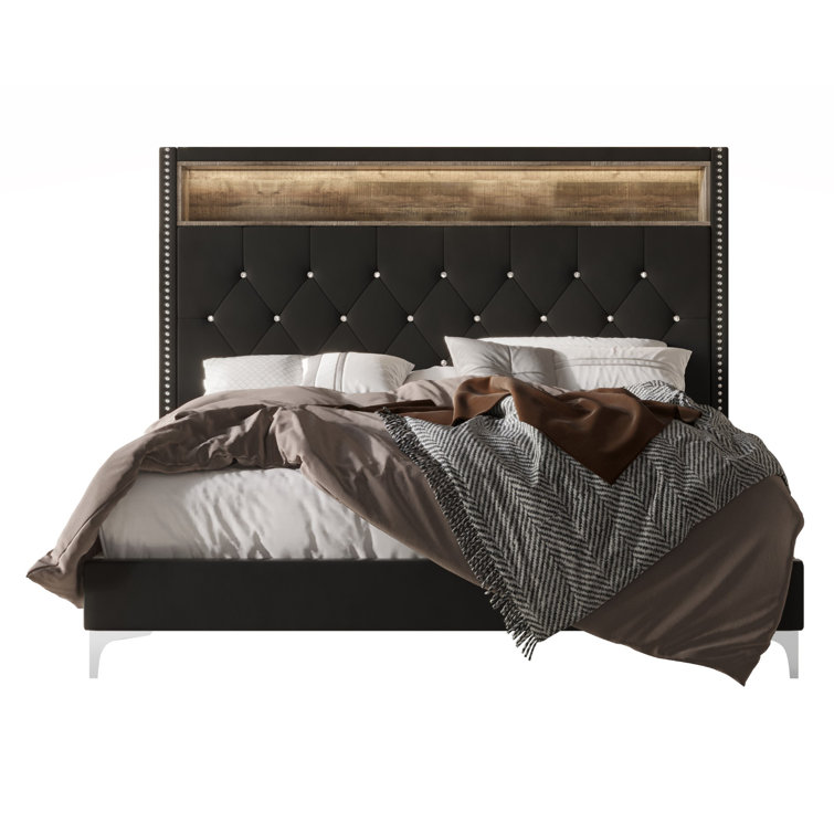 Twin Black Velvet Upholstered Bookcase Bed with Tufted Headboard