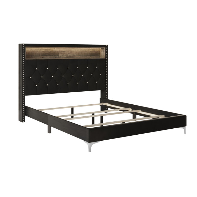 Twin Black Velvet Upholstered Bookcase Bed with Tufted Headboard