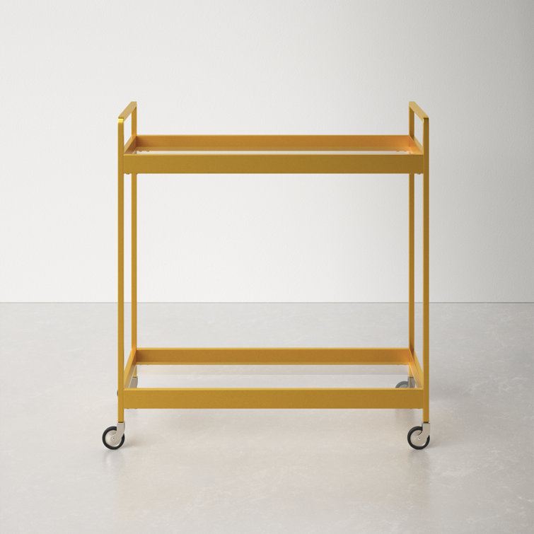 Glamourous Brass Finish Rectangular Bar Cart with Glass Shelves