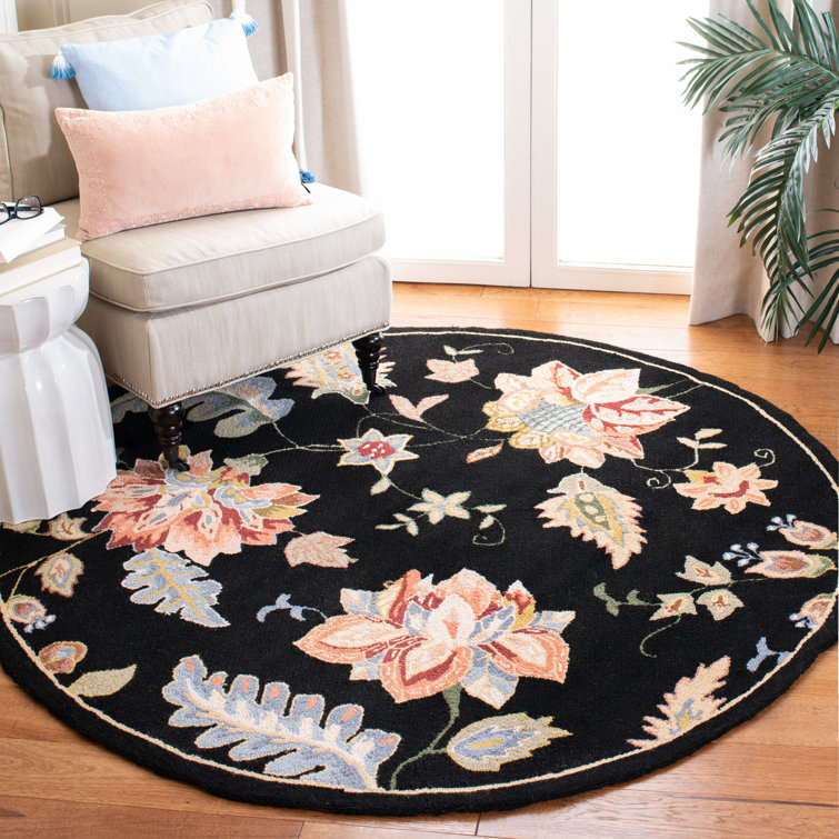 Handmade Chelsea Floral Black Wool Round Rug - 3' Diameter