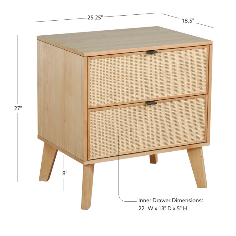 Natural Wood 2-Drawer Nightstand with Woven Cane Panels