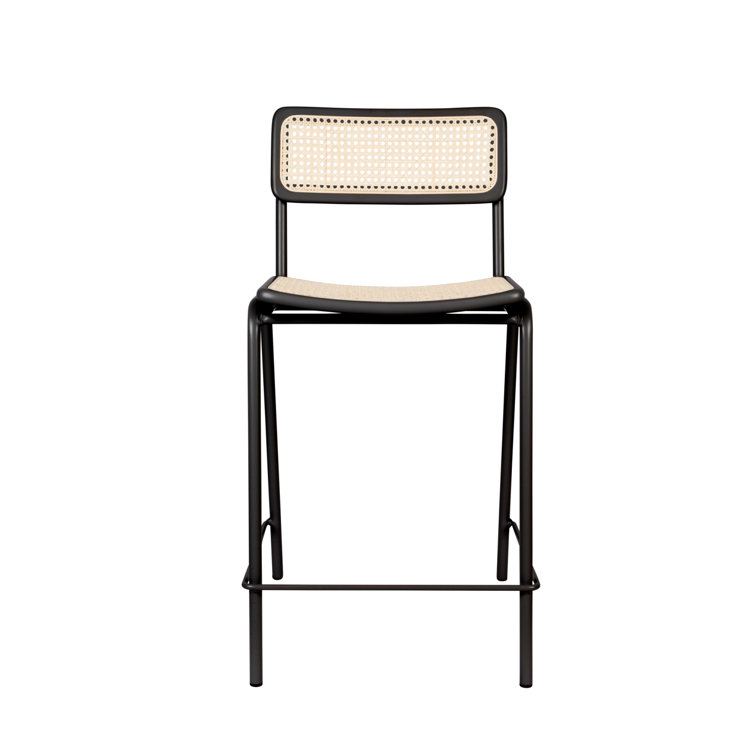 Bauhaus Inspired Black Steel and Wood Counter Stool with Rattan Seat