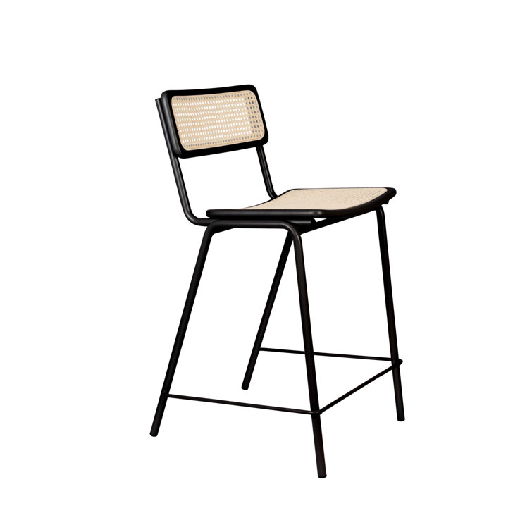 Bauhaus Inspired Black Steel and Wood Counter Stool with Rattan Seat