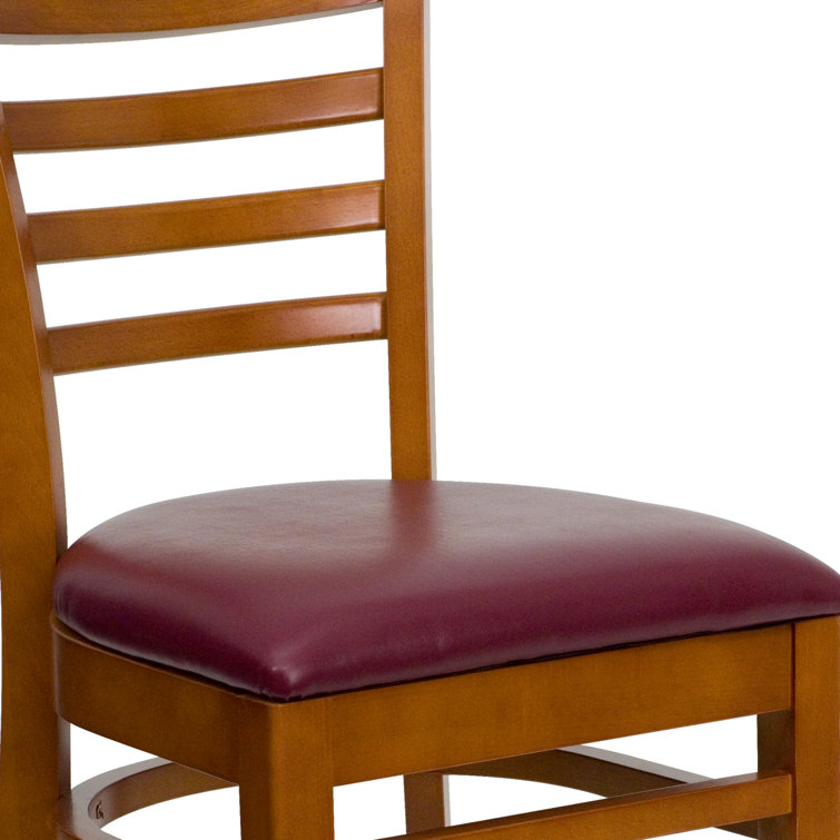 Cherry Wood & Burgundy Vinyl Upholstered Ladderback Side Chair