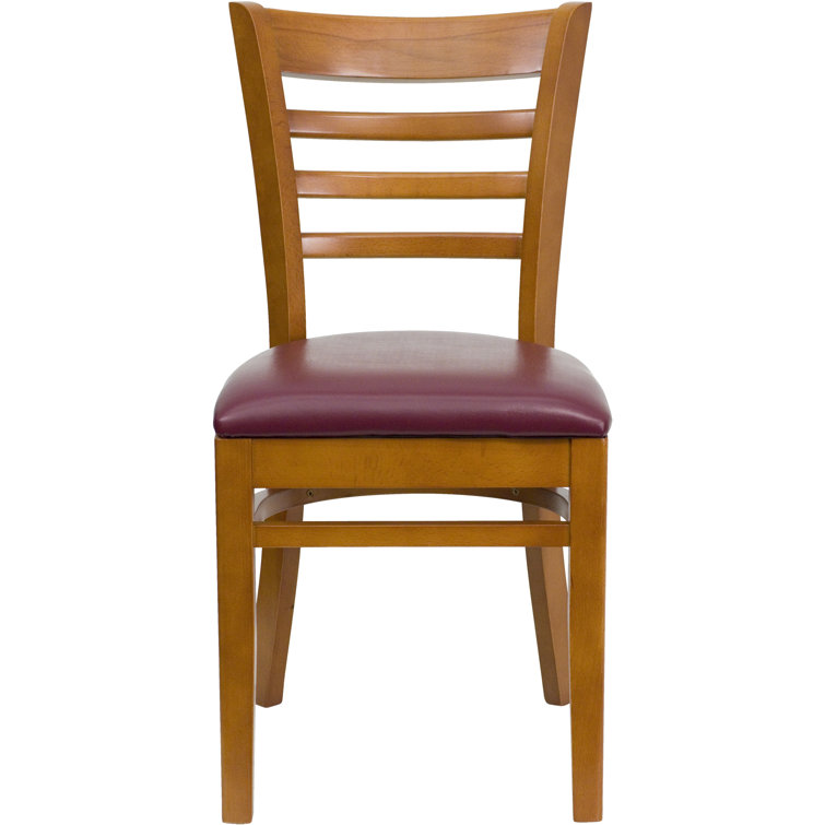 Cherry Wood & Burgundy Vinyl Upholstered Ladderback Side Chair