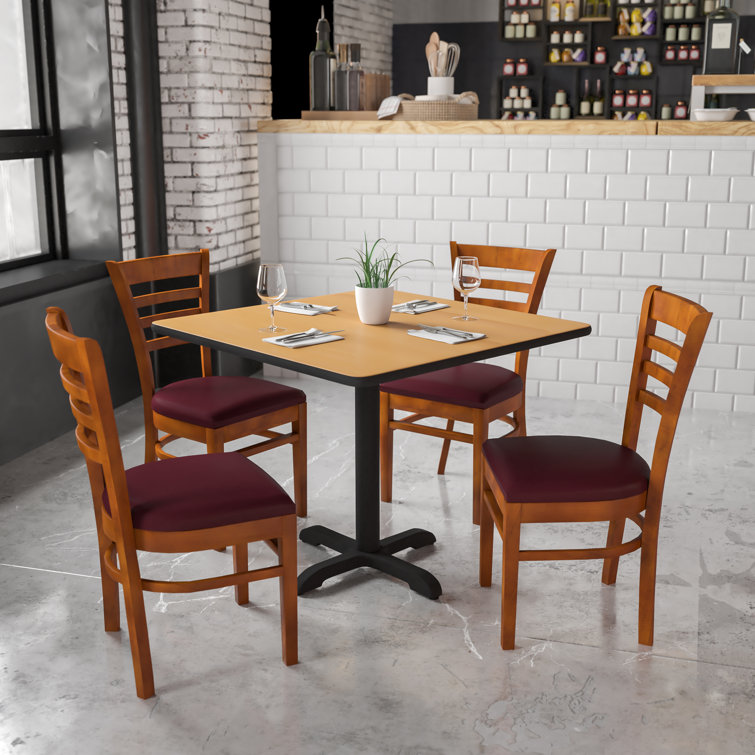 Cherry Wood & Burgundy Vinyl Upholstered Ladderback Side Chair