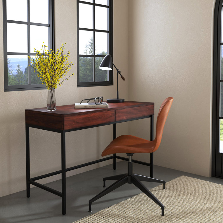 Carl 45" Black Metal Base & Walnut Finish Wood Writing Desk with Drawers