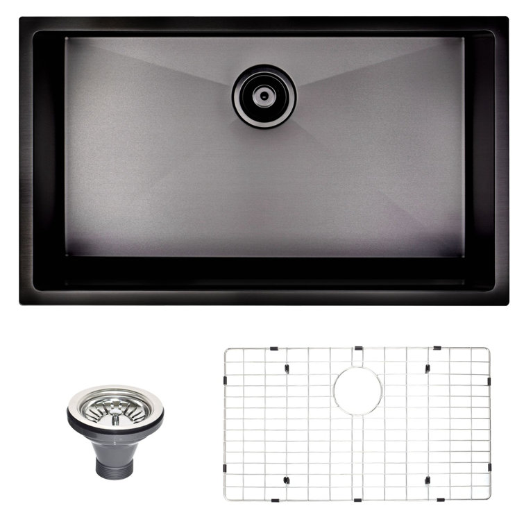 Black Stainless Steel Single Bowl Undermount Kitchen Sink with Grid and Strainer