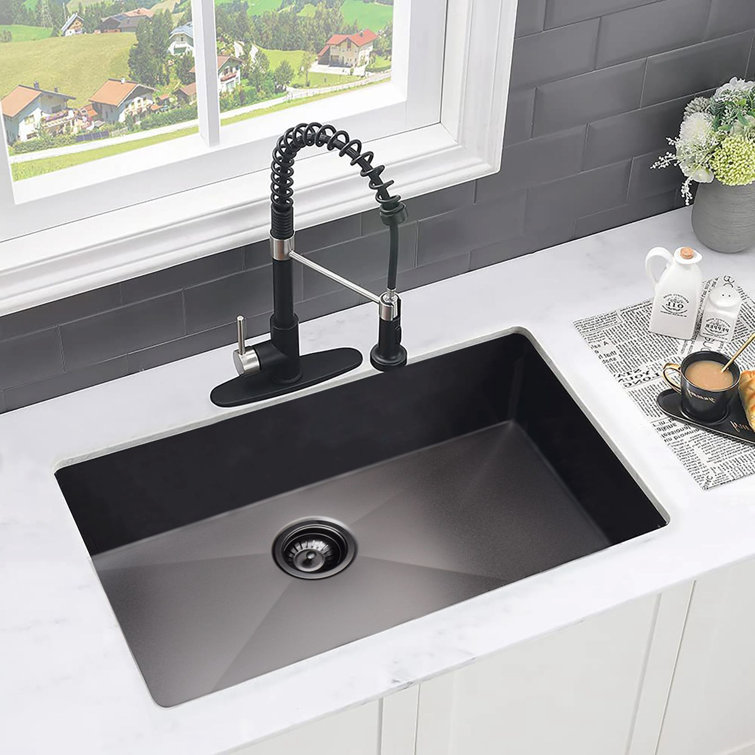 Black Stainless Steel Single Bowl Undermount Kitchen Sink with Grid and Strainer
