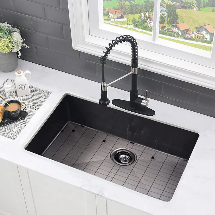 Black Stainless Steel Single Bowl Undermount Kitchen Sink with Grid and Strainer