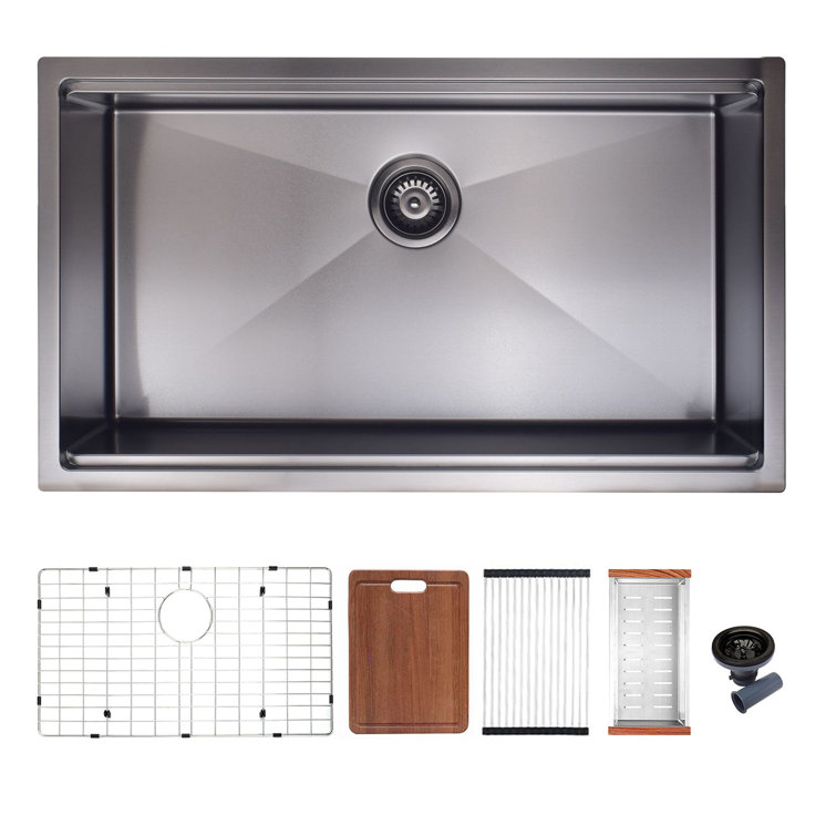 32'' Matte Black Undermount Single Bowl Stainless Steel Kitchen Sink with Accessories