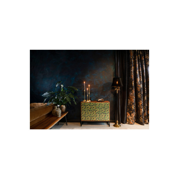 Meena Gold and Black Mango Wood Accent Cabinet with Peacock Feather Inlay