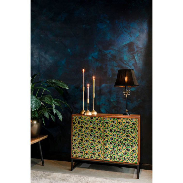 Meena Gold and Black Mango Wood Accent Cabinet with Peacock Feather Inlay