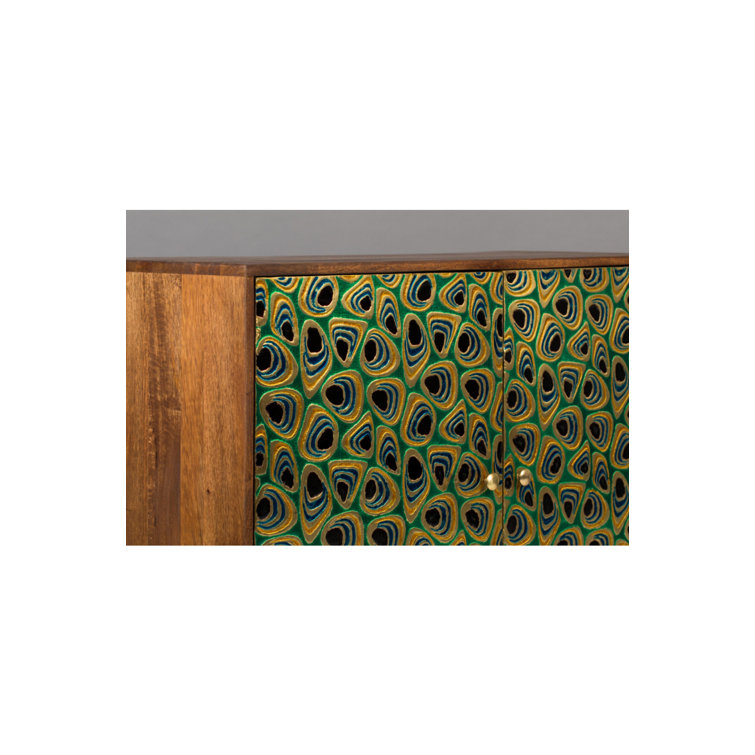 Meena Gold and Black Mango Wood Accent Cabinet with Peacock Feather Inlay