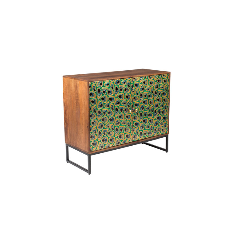 Meena Gold and Black Mango Wood Accent Cabinet with Peacock Feather Inlay