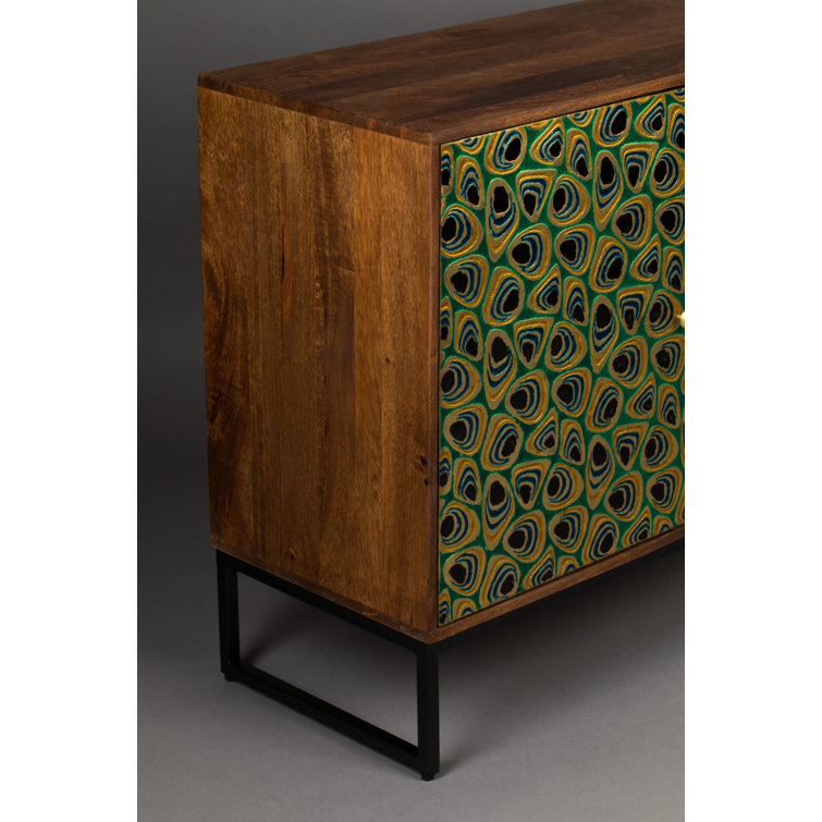 Meena Gold and Black Mango Wood Accent Cabinet with Peacock Feather Inlay