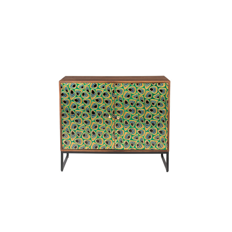 Meena Gold and Black Mango Wood Accent Cabinet with Peacock Feather Inlay