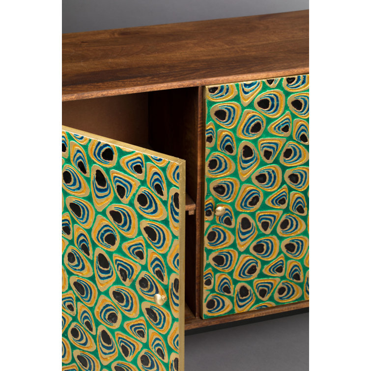 Meena Gold and Black Mango Wood Accent Cabinet with Peacock Feather Inlay
