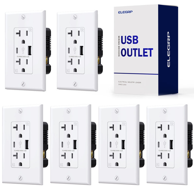 Black and White 21W USB Wall Outlet with Type A and Type C Ports, 6 Pack