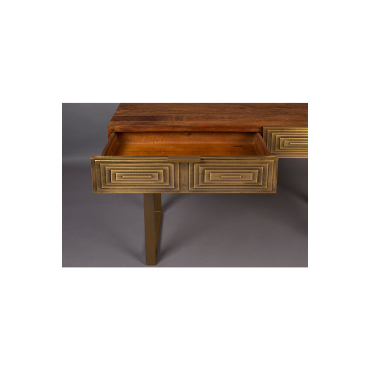 Antique Brass and Brown Hand-Hammered Metal Console Table with Storage