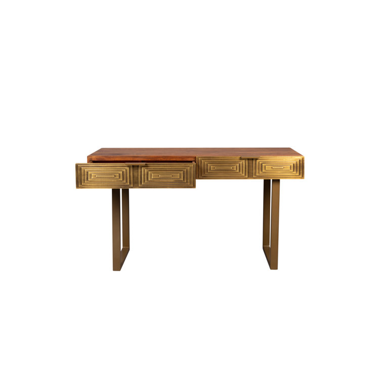 Antique Brass and Brown Hand-Hammered Metal Console Table with Storage