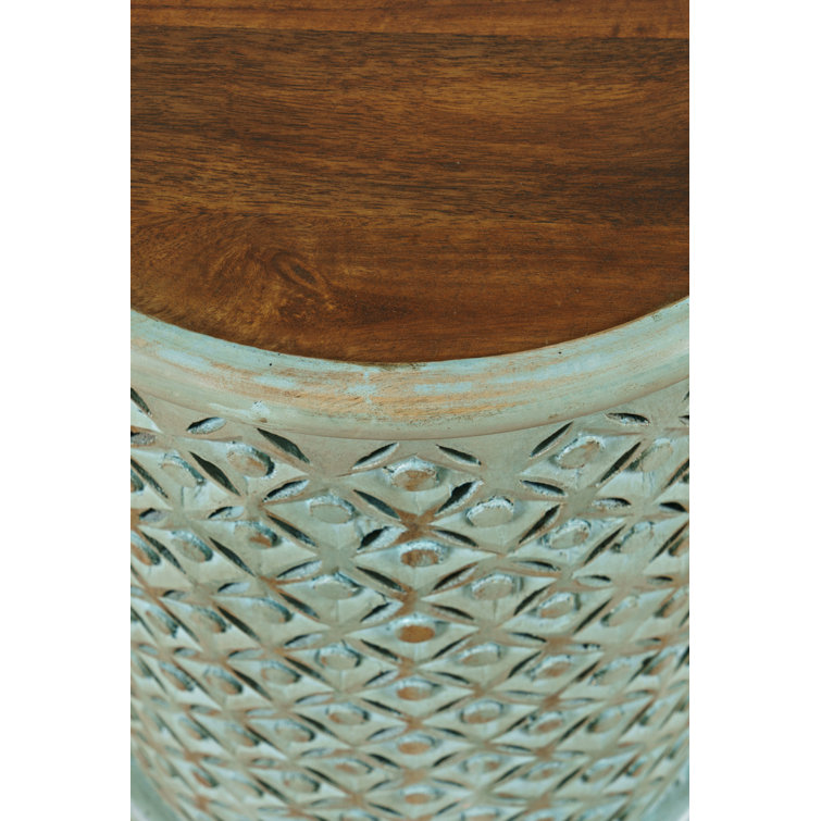 Transitional Hand-Carved 17" Round Drum Table in Antique Grey