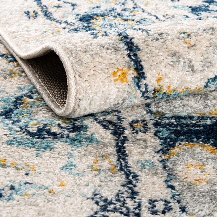 Gray and Blue Square Oriental Synthetic Rug