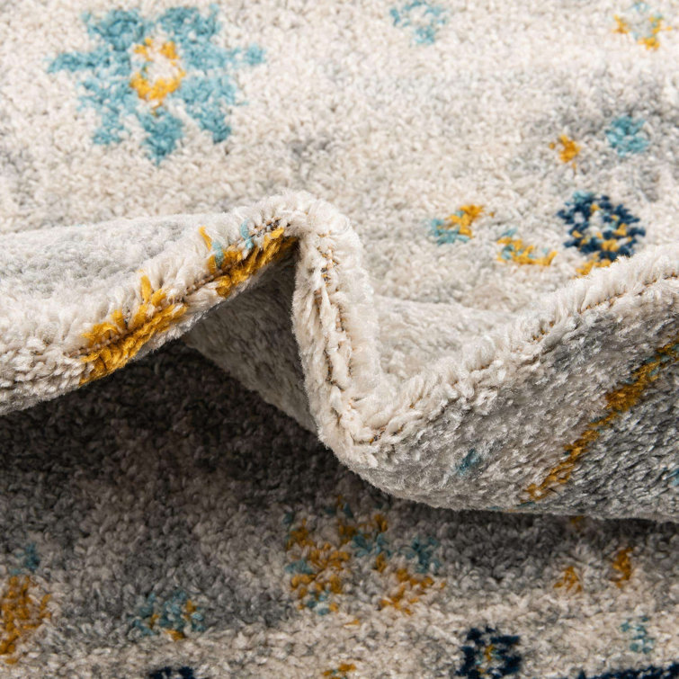 Gray and Blue Square Oriental Synthetic Rug