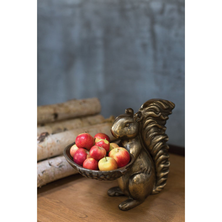 Antique Bronze Cast Metal Squirrel Figurine Bowl, 8.5-inch